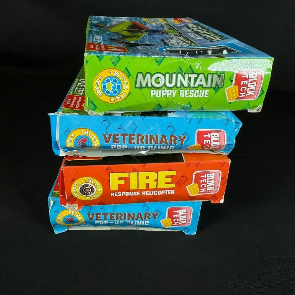 Set of 4 Block Tech Building Fire Helicopter, Mountain Rescue, Veterinar NEW